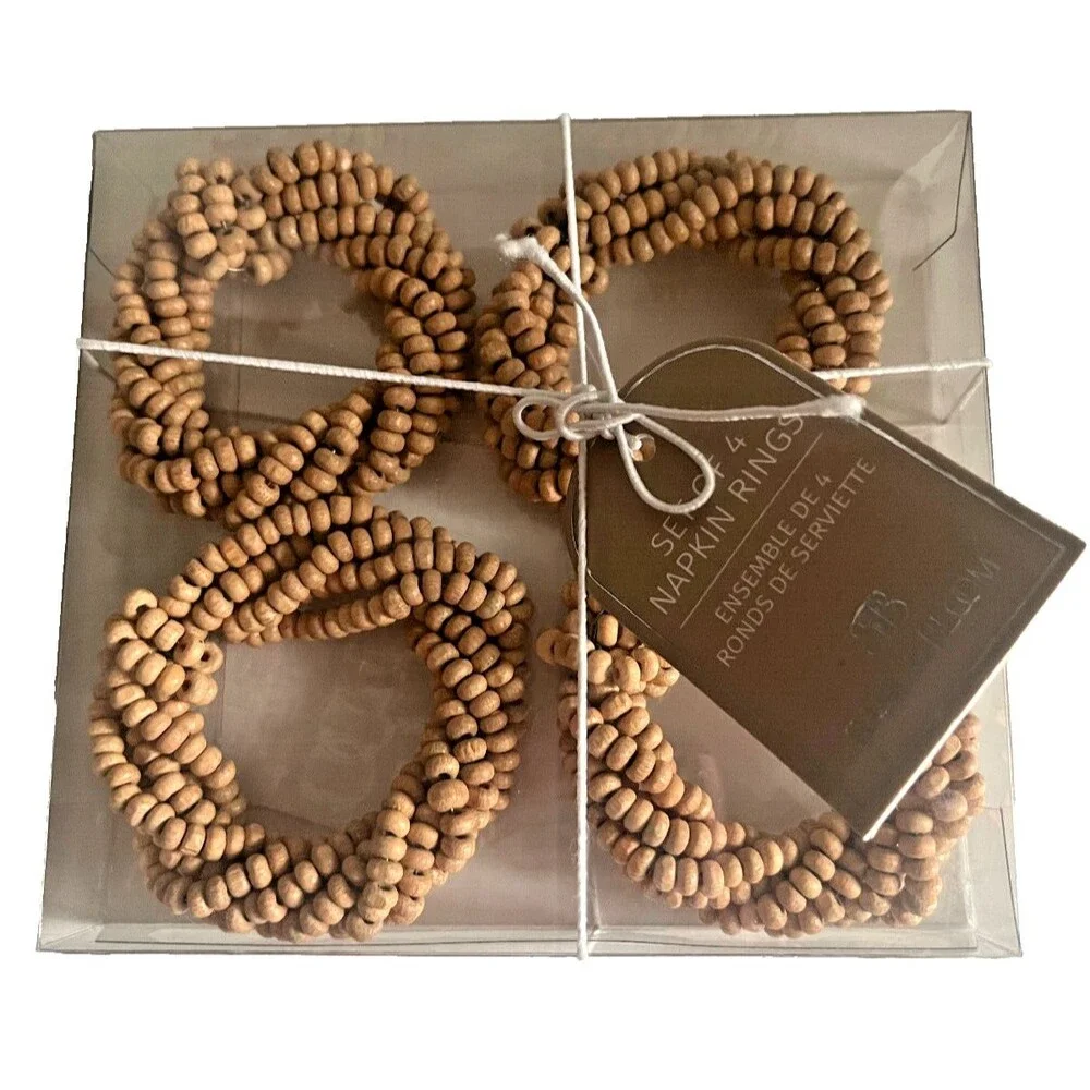 Basil & Bloom Napkin Rings Set of 4 Wood Beaded Neutral Natural Beige